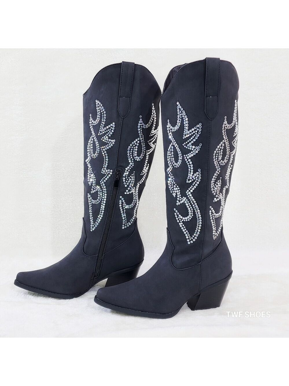 NIB Ann Black Leatherette With Rhinestones Country Glam Western Cowgirl Knee Bo